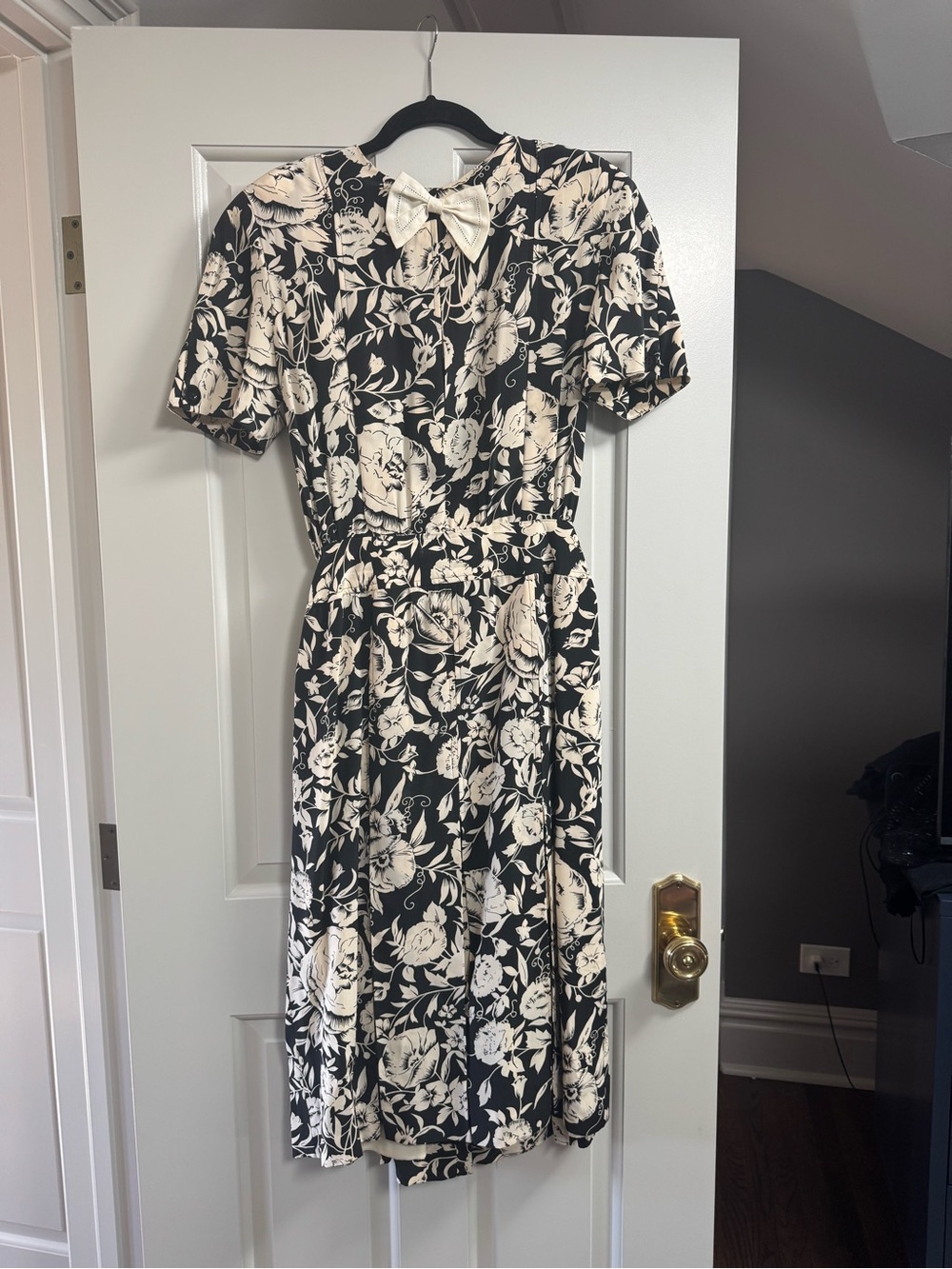 Albert Nipon Black and Cream Floral Midi Dress with Bow Accent